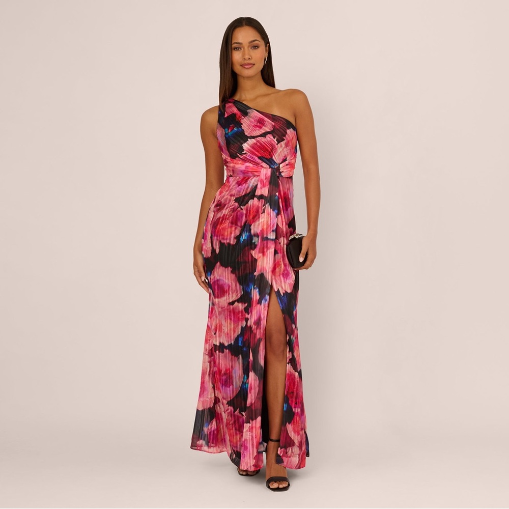 Adrianna Papell One-Shoulder Pink Floral Slit Gown